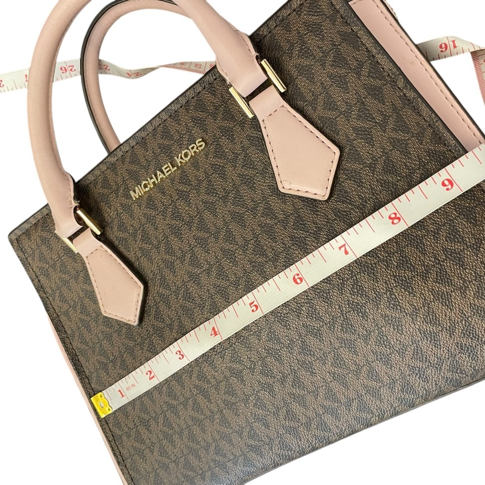 Michael Kors Marilyn Small MK‎ Logo Satchel Purse Bag Brown Blush Pink Designer - Picture 8 of 13